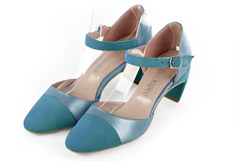 Peacock blue women's open side shoes, with an instep strap. Round toe. Medium comma heels - Florence KOOIJMAN